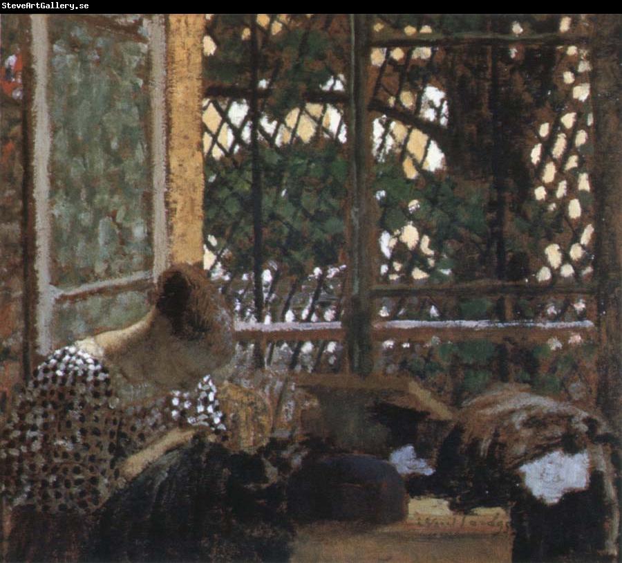 Edouard Vuillard woman sewing before a garden